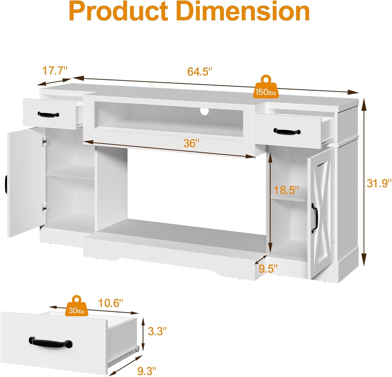 Farmhouse TV Stands, Media Console Table with Adjustable Shelves & Double-Door, Entertainment Center for TVs up to 75'', 3-in-1 TV Cabinet for Living Room, Bedroom, Study Room, White