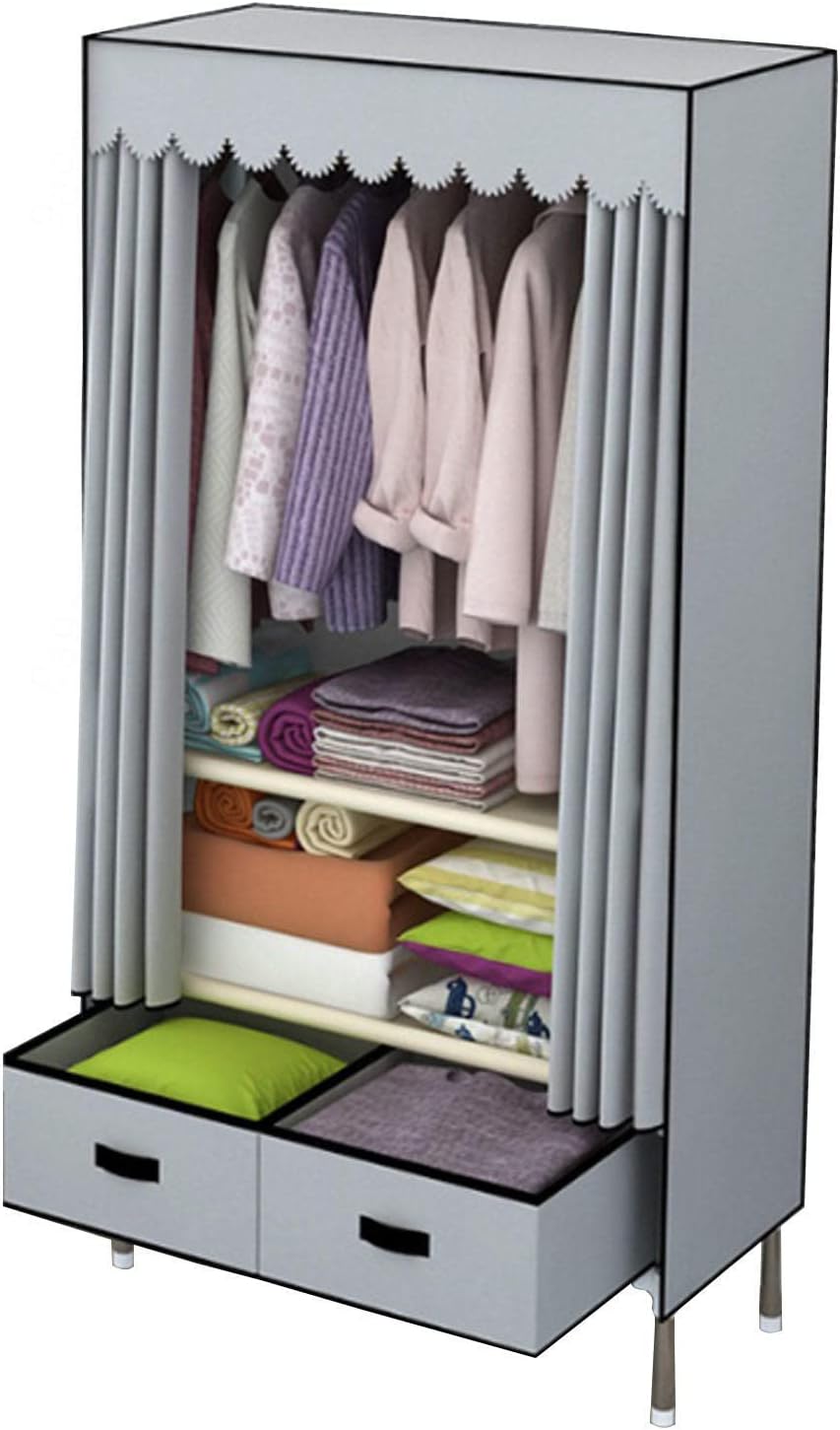 Portable Canvas Wardrobe Organizer with Hanging Rail Shelves and Drawers Fabric Clothes Closet Storage for Bedroom Pink,Grey 83x45x168cm