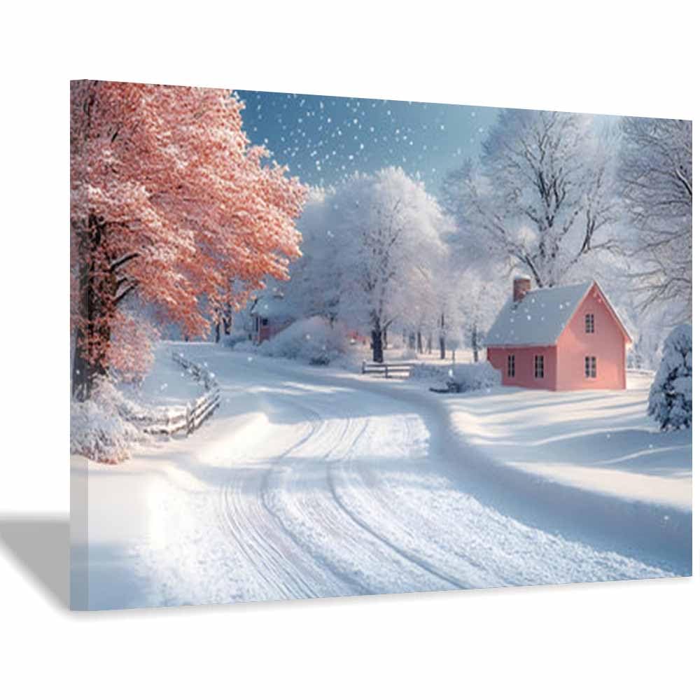 QUSAAOU Bilder Wohnzimmer Modern Rosafarbene Winterhütte bei Schneefall Moderne FüR Das Wohnzimmer Auf Leinwand Wandbilder Affiches Murales Pour La Maison(Pink)-40x60cm Gerahmt