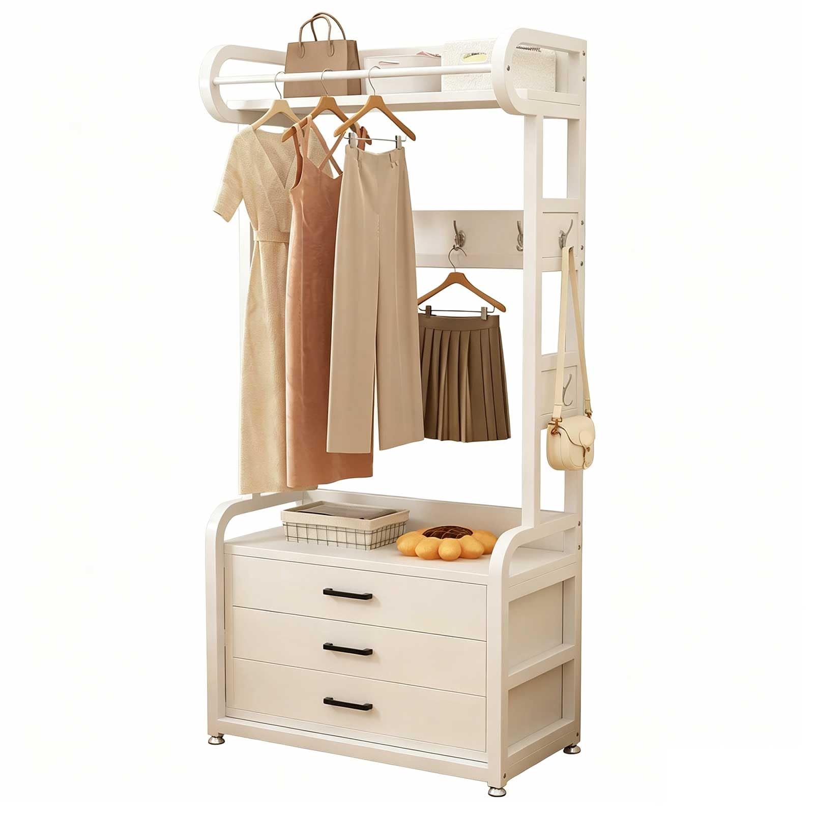 KIBONCY Freestanding Clothing Rack with 2 Drawers & Hooks, Wood Top Garment Rack with Storage Shelf for Bedroom, Entryway, Closet(C1,50CM)