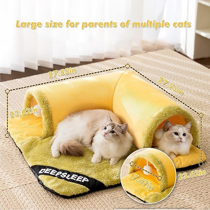 سرير نفق للقطط من تزويق، سرير قطط 2 في 1 العاب نفق للقطط بحجم كبير مناسب لجميع الفصول، قابل للفصل والغسل للقطط والحيوانات الاليفة الصغيرة، اصفر (27.5 انش)