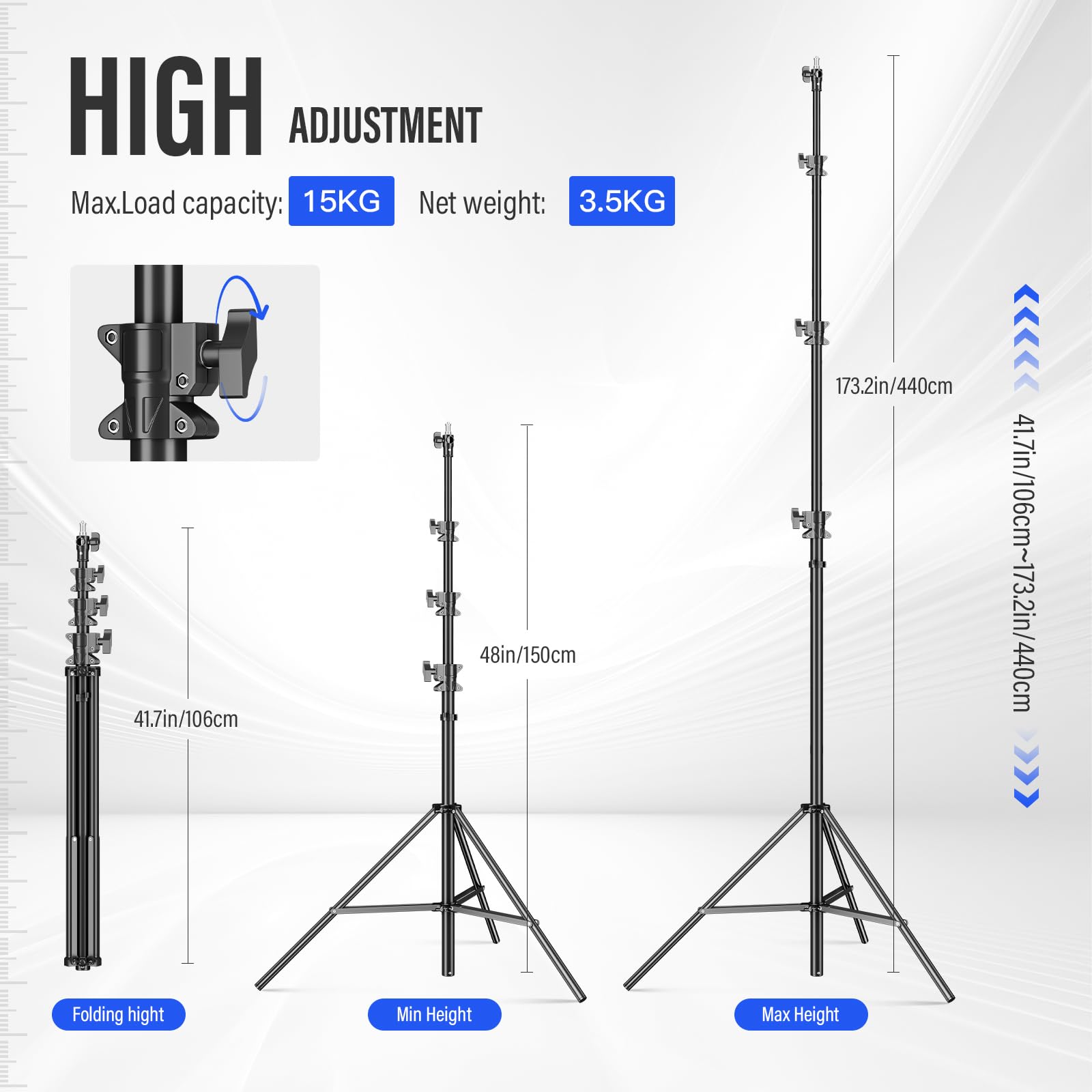 Soonpho 440cm AIR Pro Lampenstativ Luftgedämpftes Lichtstativ Metal Aluminium 4.4m max Höhe 15kg Traglast,stabil & komfortabel Leuchtenstativ für Film Fotografie Studio Outdoor Photography