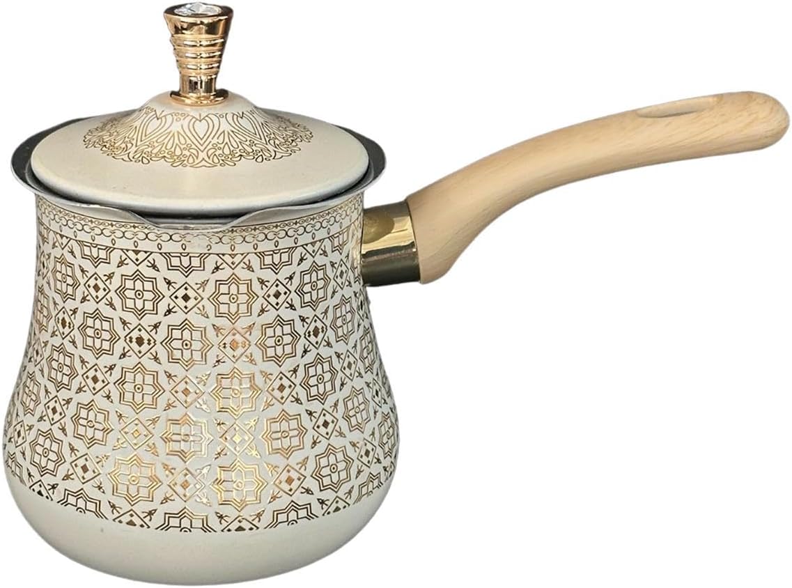 Stainless Steel Turkish Coffee Pot Milk Warmer Multifunctional Long Wooden Handle Butter Melting Pot Kitchen Accessory, Golden Pattern, 550ml