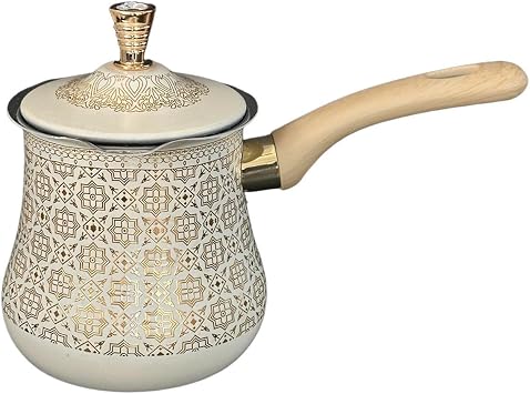 Stainless Steel Turkish Coffee Pot Milk Warmer Multifunctional Long Wooden Handle Butter Melting Pot Kitchen Accessory, Golden Pattern, 900ml