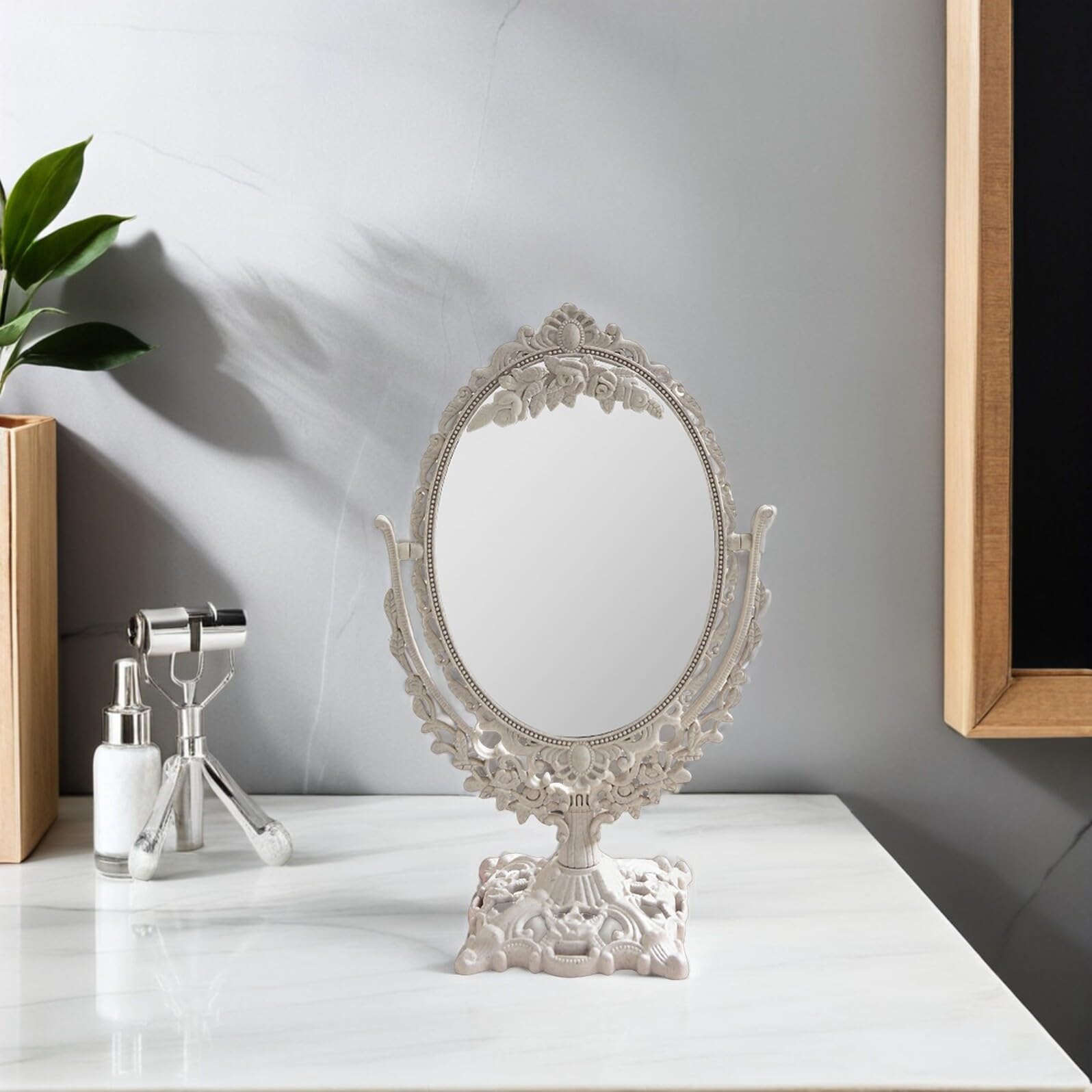 Garneck Tavolo Specchio 360 ° Rotazione Vintage Portatile Tabletop Make- Up Specchio Doppio Lato Stand Vanità per Bagno Camera Da Letto Dressing
