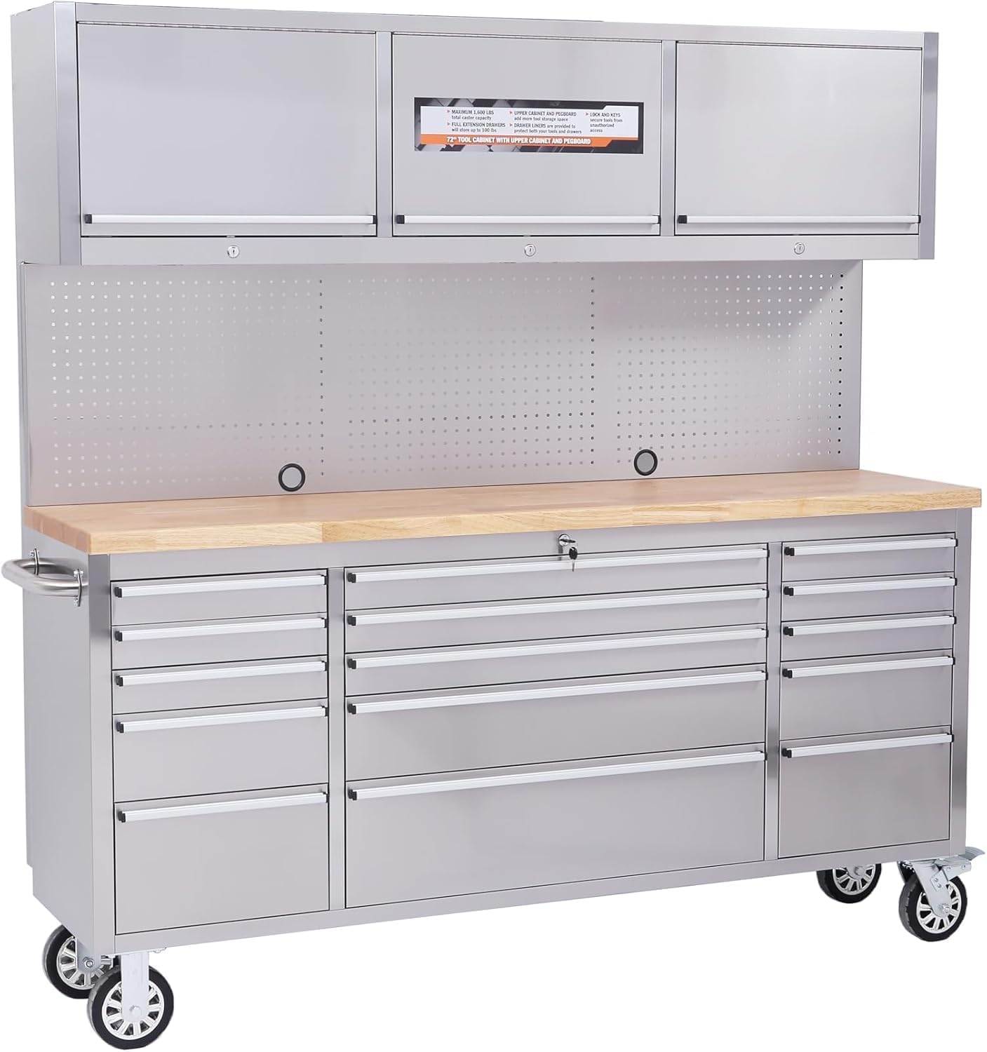 72 Inch Rolling Tool Cabinet Heavy-Duty Garage Workbench with 15 Drawers & 3 Cabinets Steel Frame Workshop Table for Mechanics Garage Organization Large Tool Bench Storage with Pegboard Silve product thumbnail 2