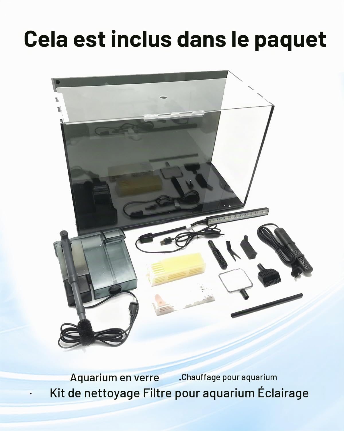 Aquarium de Bureau 40 L – Petit Aquarium en Verre Ultra-Clair avec Filtre autonettoyant, éclairage Puissant, Chauffage, Pierres, Gravier et Outils de Nettoyage
