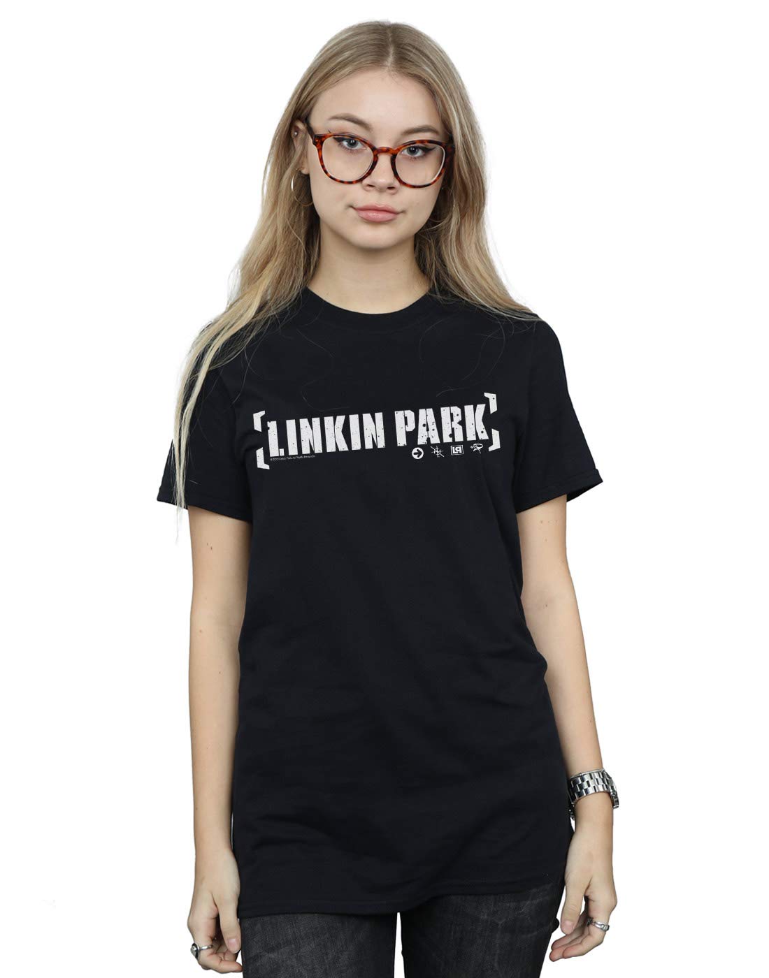 Absolute Cult Women's Black Linkin Park Bracket Logo Boyfriend Fit T-Shirt Medium