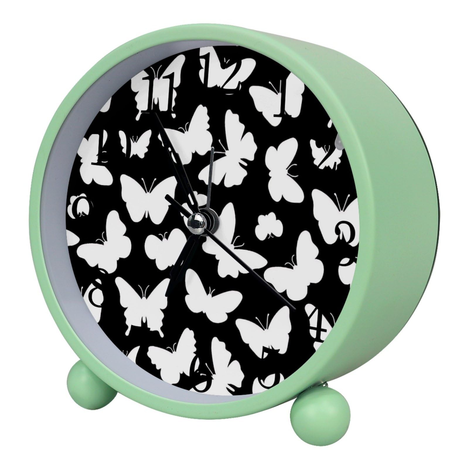 etoenbrc Butterfly with Black Background Round Battery Operated Bedside Alarm Clock Non-Ticking Desktop Silent Analog Alarm Clock with Light