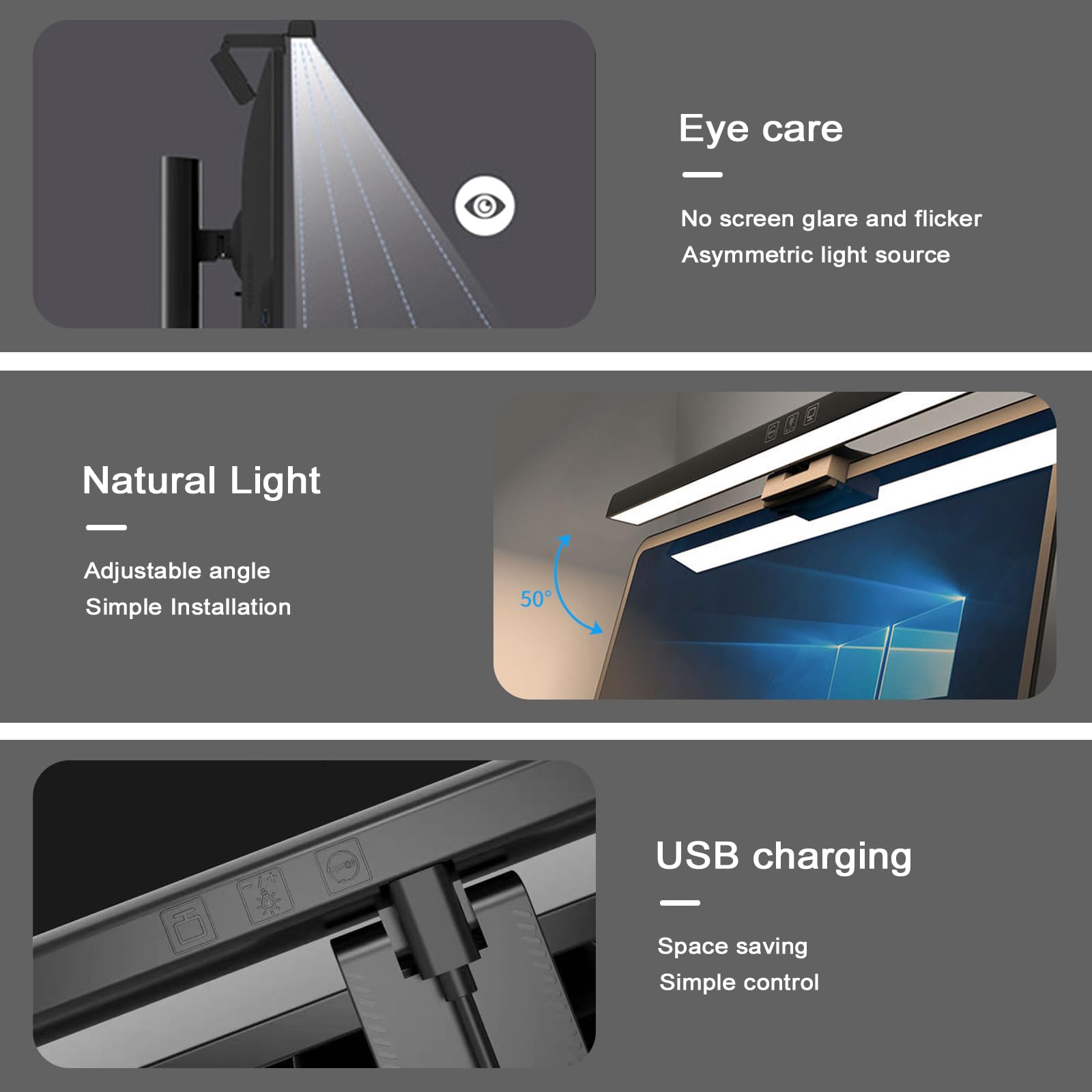 Lampe de moniteur d'ordinateur 40 cm avec contrôle tactile, lampe d'écran avec lumière anti-bleue, lampe de bureau LED USB avec luminosité réglable en 3 températures de couleur pour ordinateur, bureau