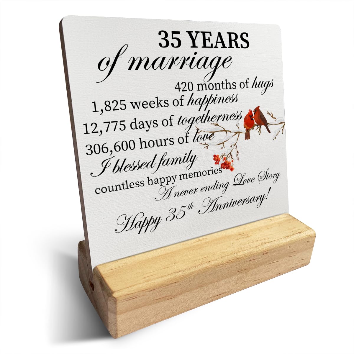 35th Anniversary Wedding Gifts, Desk Decor, Cardinal Bird Red Berries Wood Sign, Plaque with Wooden Stand for Home Bedroom Table Shelf Living Room, 35 Years of Marriage Gift