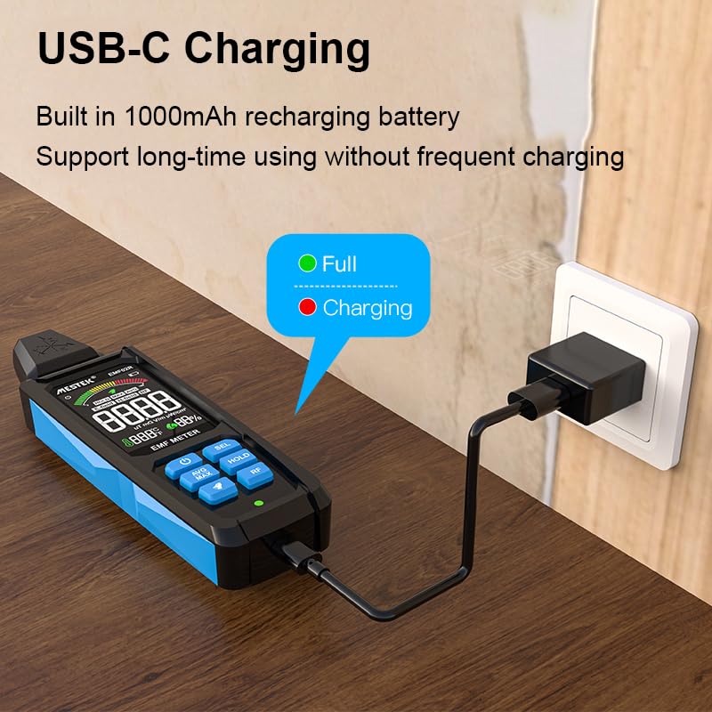 AceFox EMF Detector connected to a wall charger via USB-C cable