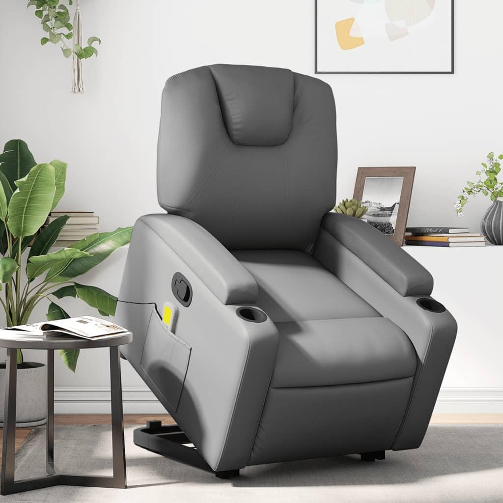 Sillón elevador reclinable con masaje por vibración, color gris piel sintética, función de elevación eléctrica y reclinación manual, 6 puntos de masaje, estructura estable