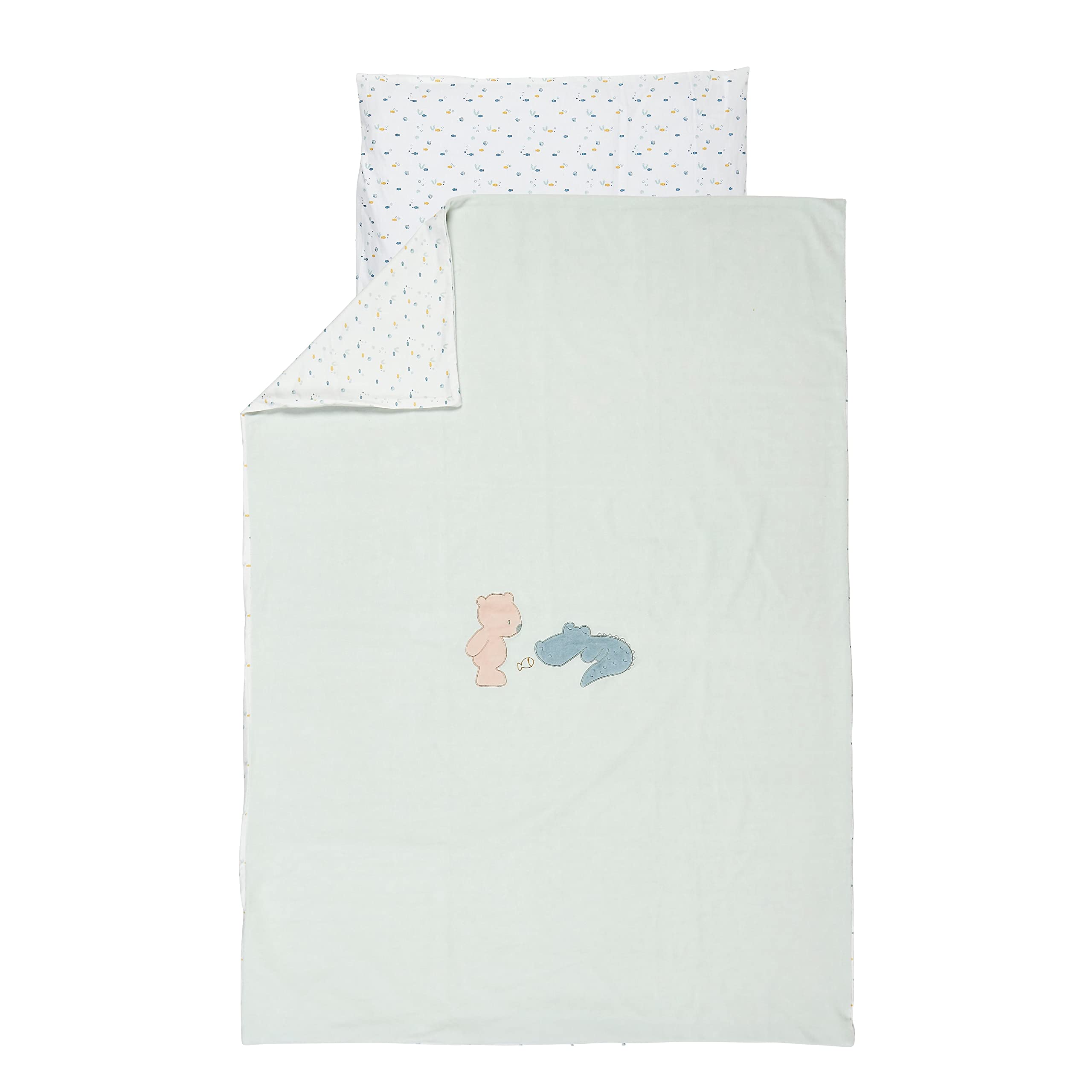 Nattou Juego de cama de algodón y poliéster, Cocodrilo y oso, Con motivo reversible, Funda nórdica 140 x 100 cm, Funda de almohada 40 x 60 cm, Romeo, Jules y Sally, Azul claro