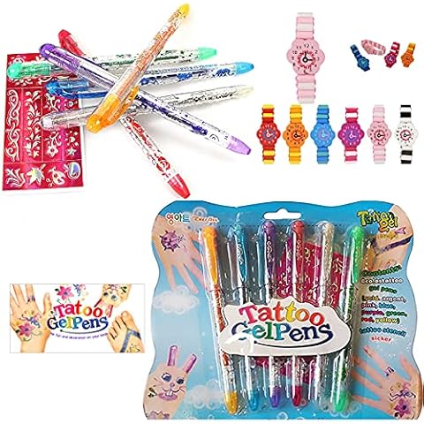 6 TEMPORARY TATTOO Gel Pens & BRACELET Watch -Semi Pemanent, Body Glitter, Skin Tattoo with Patterened STICKER STENCILS (1 Pack of 6) Cover