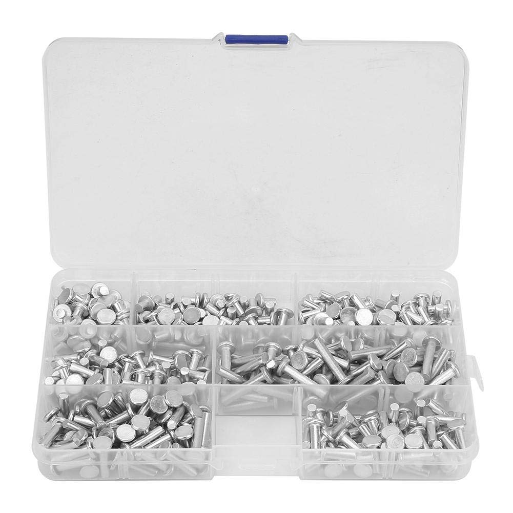 350 pcs/boîte Rivet solide à tête plate, Kit d'assortiment de rivets en aluminium solide à tête plate M4 Longueur 4/6/8/10/12/16
