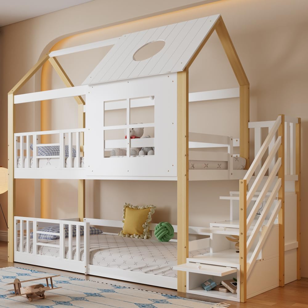 Litera para niños de 90 x 200 cm, con escalera de almacenamiento y techo, barrera anticaídas, diseño de ventana para habitación infantil
