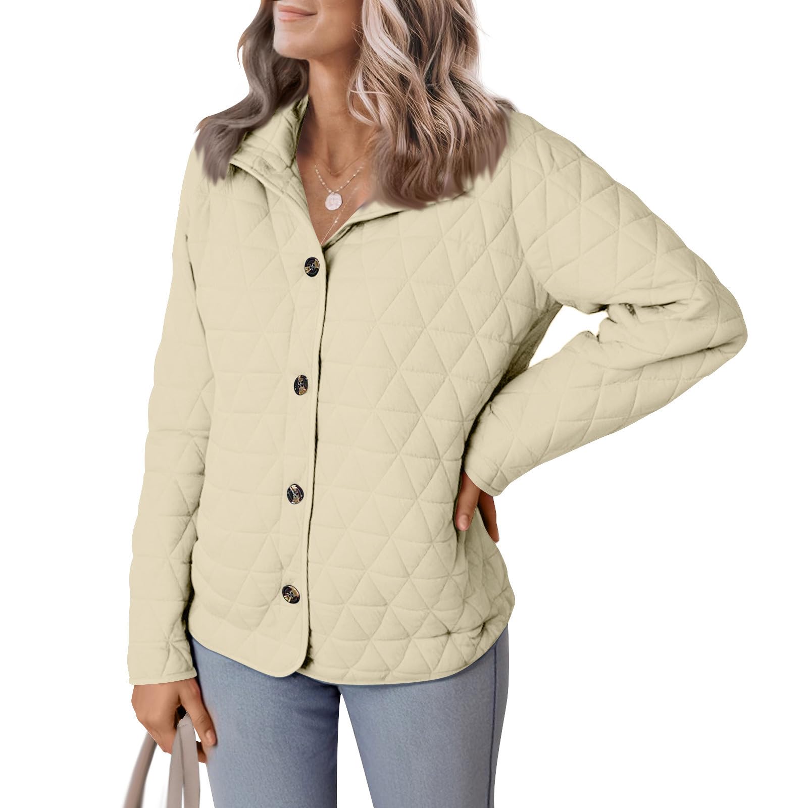 Steppjacke Damen Reverskragen Knöpfe Taschen Langarm Einfarbig Locker