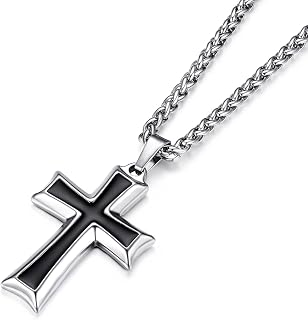 HZMAN Men's Stainless Steel Cross Pendant Necklace with Wheat Chain - Durable Faith-Inspired Religious Jewelry
