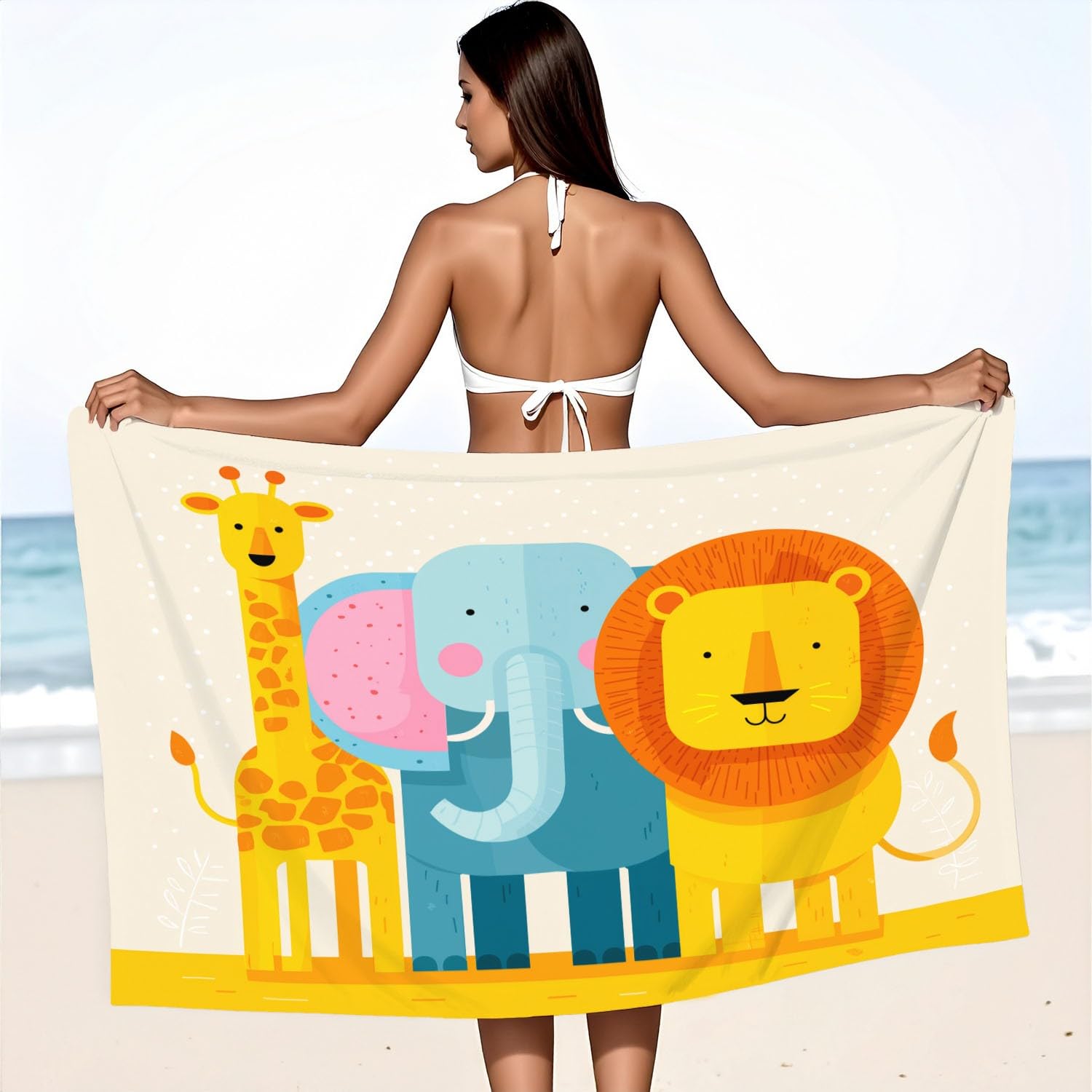 Générique Grande Serviette de Plage 200 x 100 CM,Drap de Plage Microfibre,Couverture de Plage Absorbante Rapide pour Enfants, Vif, Lumineux Girafes, Éléphants, Lions, Animaux Cartoon