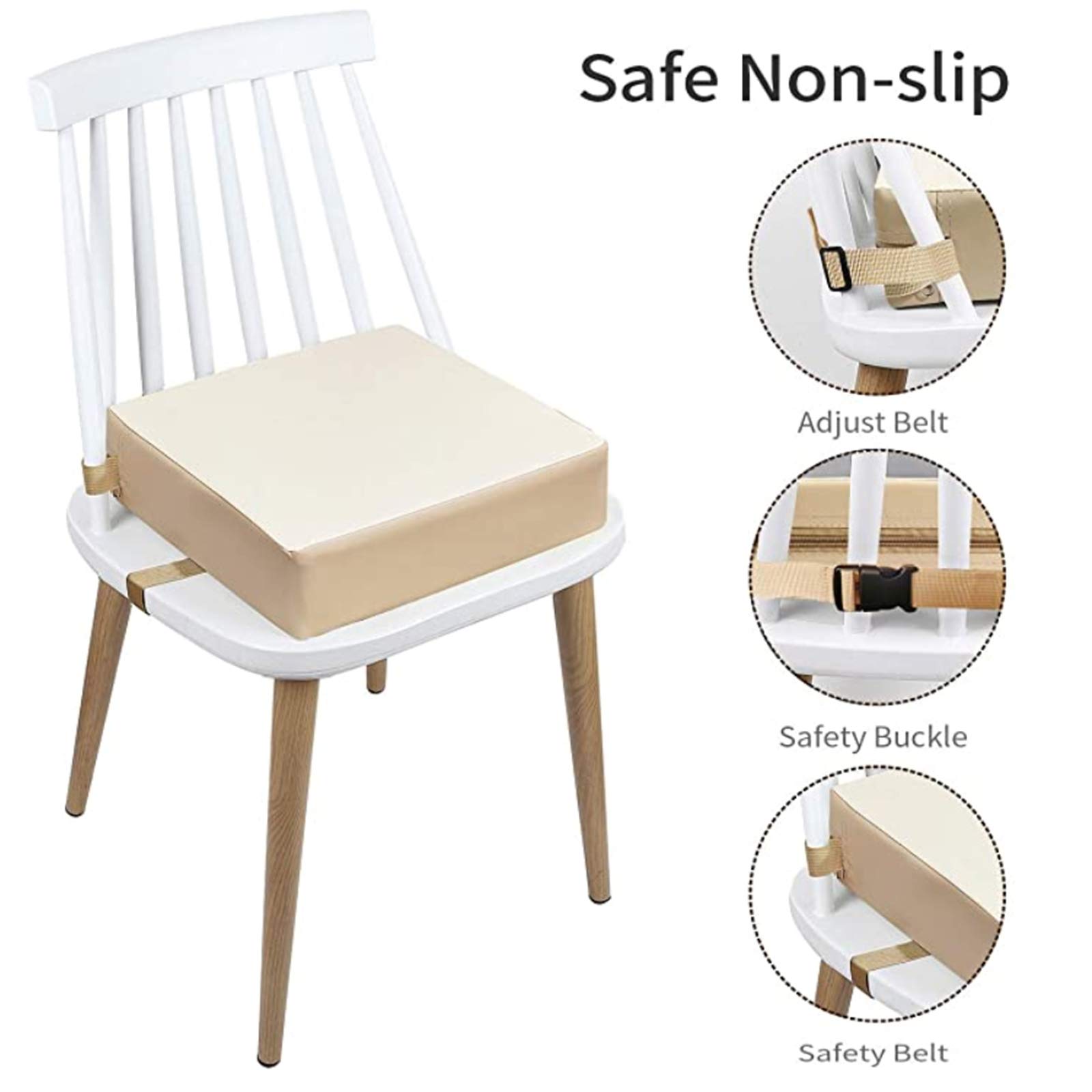 Portable Réhausseur Coussin de Siège Chaise Haute Lavable avec Boucle de Sécurité pour Repas Voyage de Bébé Bambin Enfant Tout-Petit (Beige)