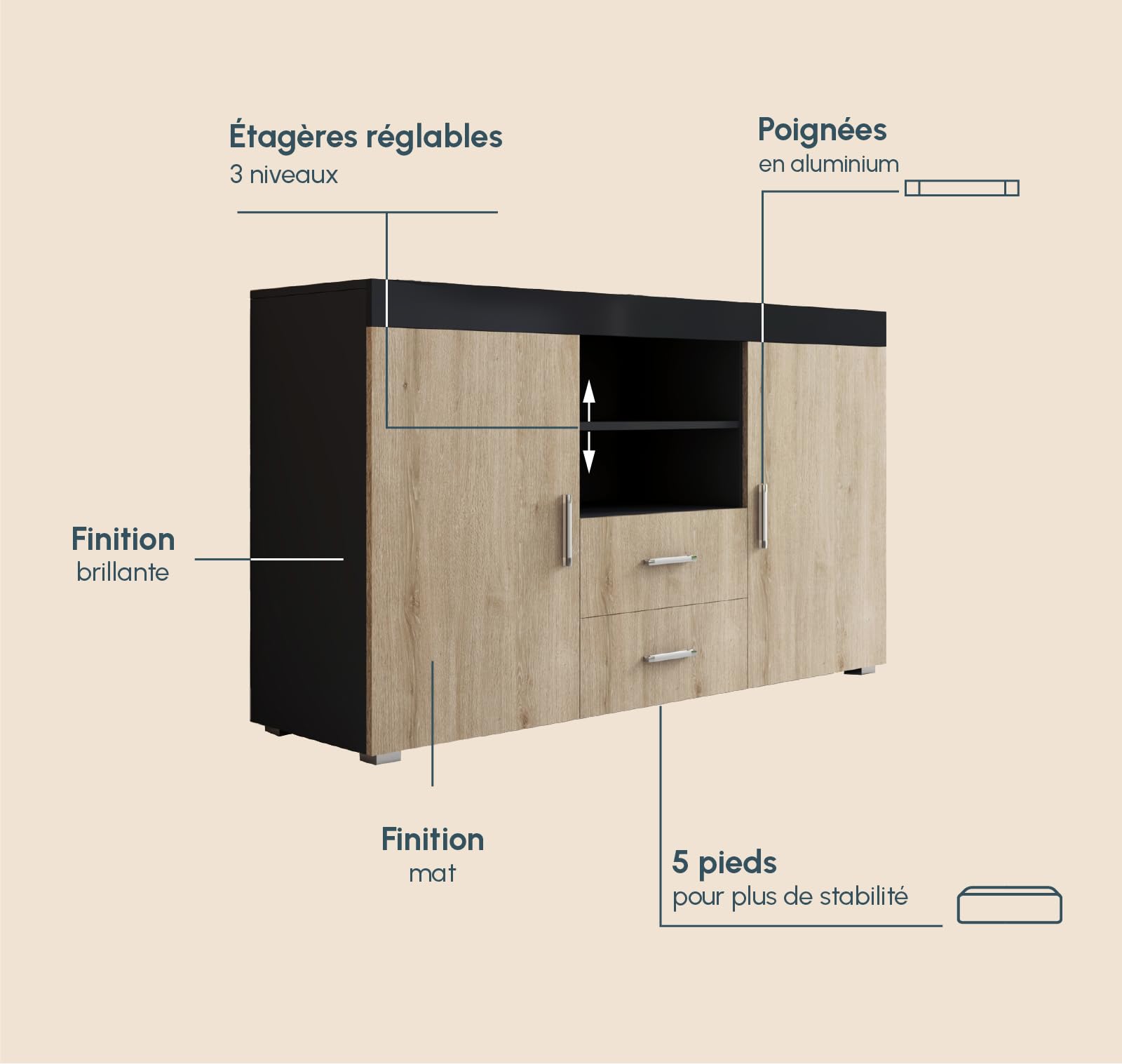 MB Muebles Bonitos | Buffet Roque pour Salon et Salle à Manger Moderne | Meuble TV en Mélamine | Couleur Noir Brillant et Sonoma Mat | 140x80x40 cm