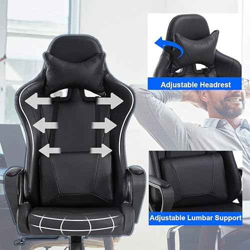 Miniatura 4 de Silla de oficina para videojuegos con brazos y apoyo lumbar, reposacabezas con respaldo alto, de piel sintética, silla de escritorio ergonómica,
