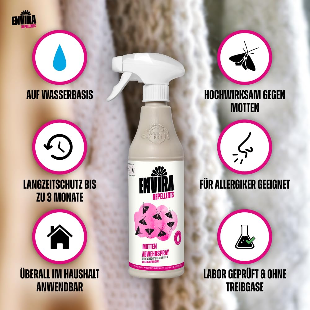 Envira Mottenspray 4 x 5 Liter - hochwirksam gegen Motten & Kleidermotten | Mottenschutz für den Kleiderschrank - Mittel gegen Lebensmittelmotten in der Wohnung, Langzeitwirkung