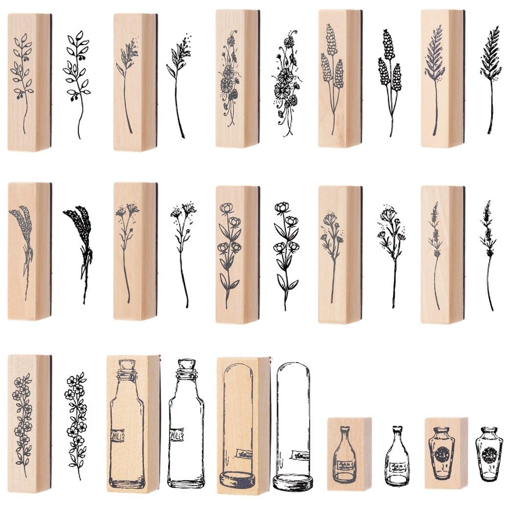 Homaisson15 Pieces Vintage Wood Rubber Stamps, Wood Mounted Rubber Stamps, Plant and Flower Decorative Wooden Stamps for DIY, Scrapbook, Card Making, Creative Painting