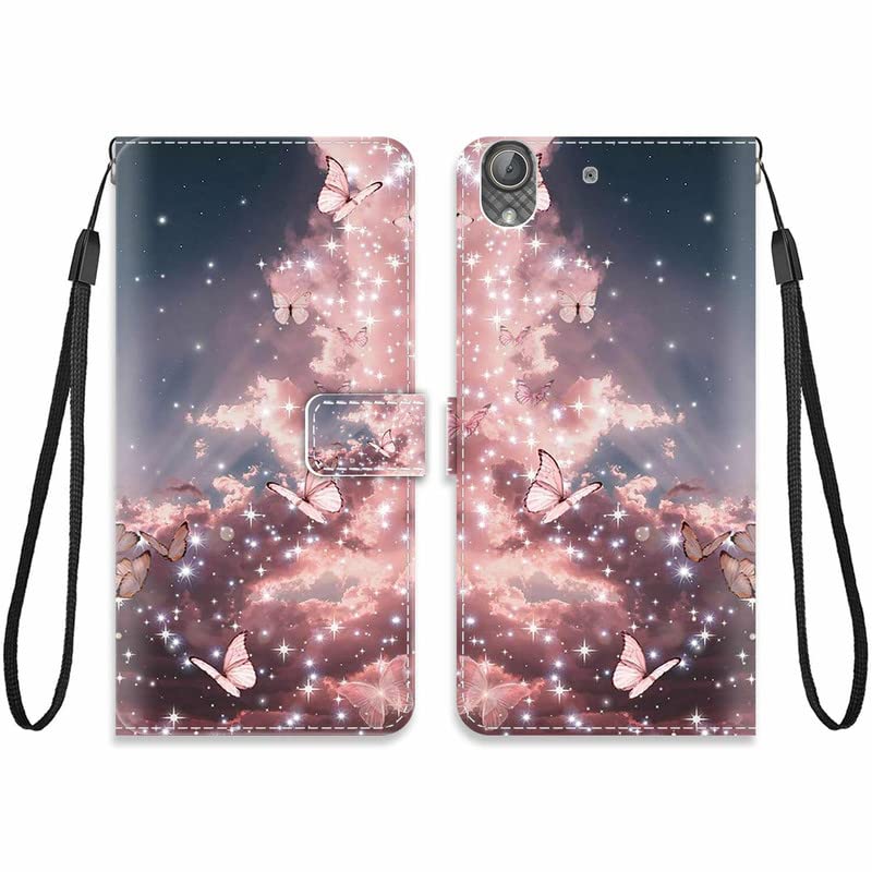 KARTXITAI Cover Compatibile con Huawei Y6 Pro PU Pelle TPU Silicone Portafoglio Magnetica con Disegni Motivo Animale Flip Custodia in Libro Slot Schede Custodia-Farfalla rosa,cielo,nuvole