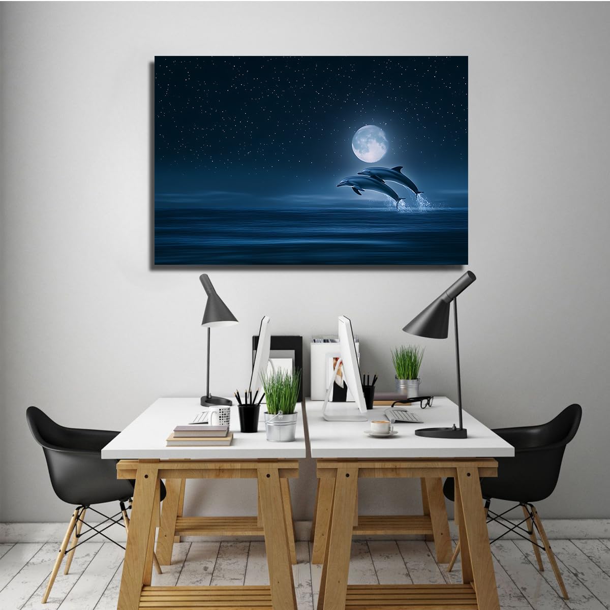 CHERHERART Delfin Skaczący w świetle księżyca płótno sztuka ścienna nocna niebieski plakat na płótnie do sypialni salon biuro domowe pokój dziecka 60x90cm rama wewnętrzna