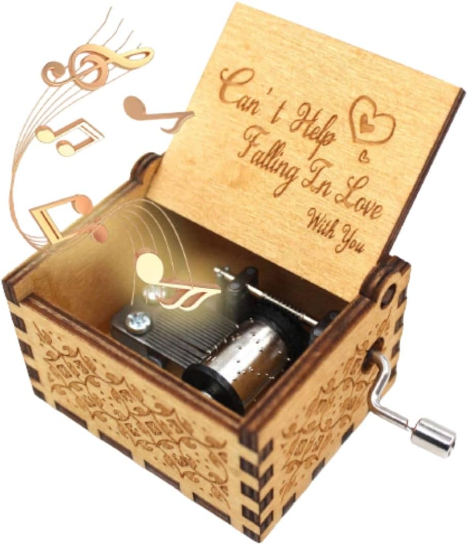 EITHEO Wooden Uniq Carved Hand Crank Can't Help Falling Love with You Theme Music Box