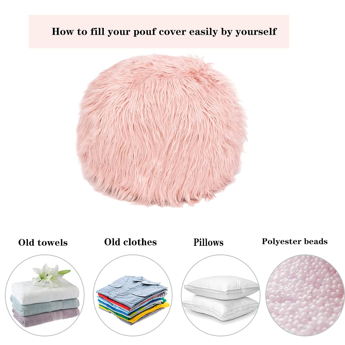 Adeco Unstuffed Ottoman Pouf Covers,19x15 inch Faux Fur Foot Stool,Round Floor Storage Cushion Covers for Living Room, Bedrooms, Home Decor (Pink)