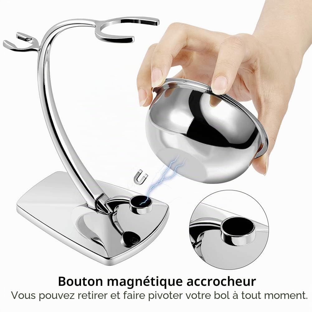 [Compatible Gillette Fusion5] Kit rasage magnétique : Bol inox (bol mousse + évacuation eau brosse) + Support chrome perle – Pratique, décoratif – Cadeau homme