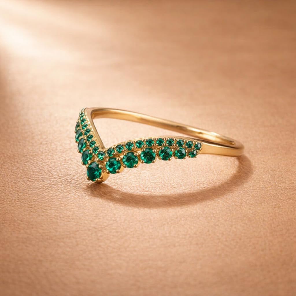 14K Yellow Gold Emerald Chevron Ring for Women Dainty V-Shaped Wishbone Band Curved Stackable Wedding Ring with Green Gemstones Minimalist Enhancer May Birthstone Gift