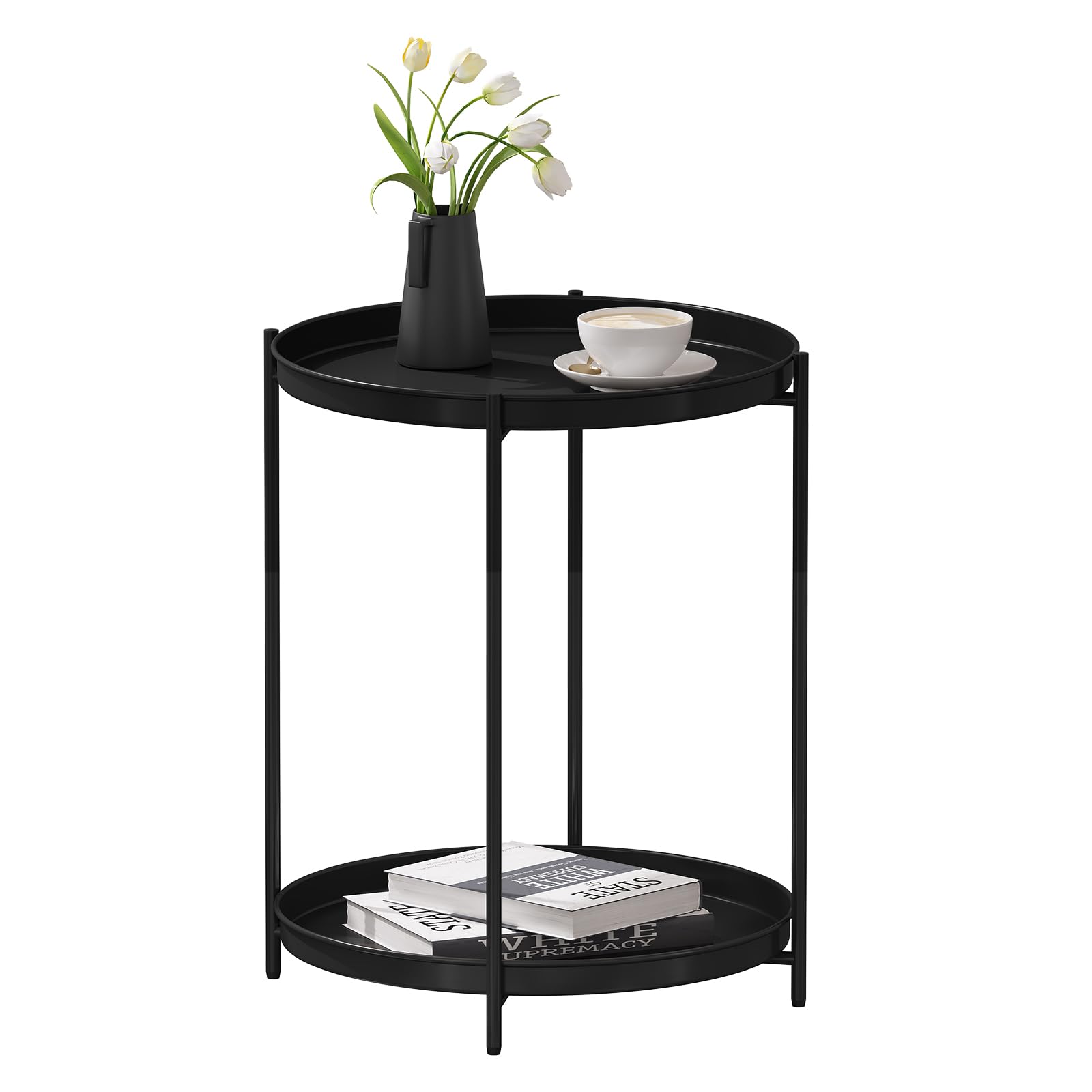 WOLTU Beistelltisch rund, Couchtisch mit Stauraum, 2 abnehmbare Tabletts, Wohnzimmertisch Nachttisch Sofatisch, Kleiner Tisch für Wohnzimmer Schlafzimmer, aus Metall, Schwarz, BTS17sz