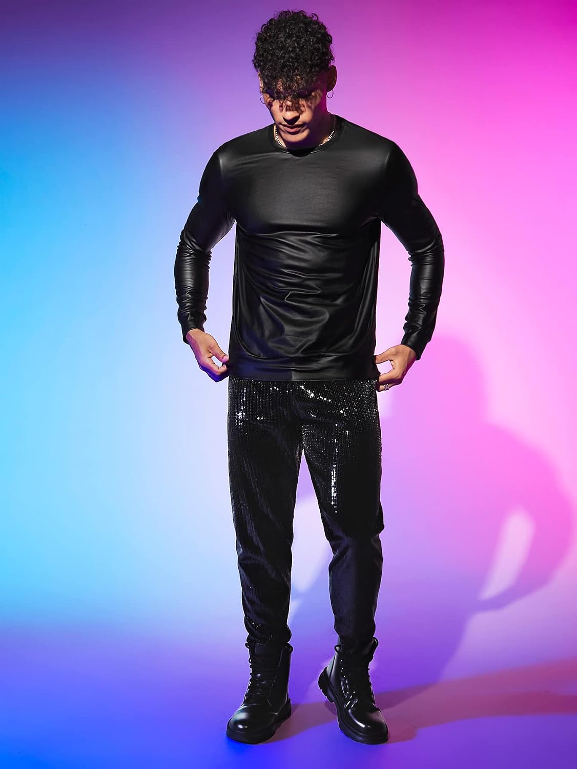 WDIRARA Men's Round Neck Long Sleeve PU Leather Sweatshirt Party Club Pullovers
