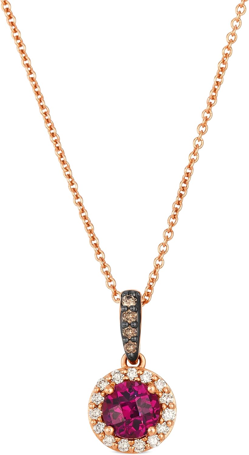 LE VIAN 1/6 Carat White and Chocolate Diamond Elegant Round Pendant Necklace for Women | 14k Rose Gold Pendant with 5/8 Carat Rhodolite | 20 Inch Chain Necklace (White/Brown, 0.15 cttw) Lobster Claw
