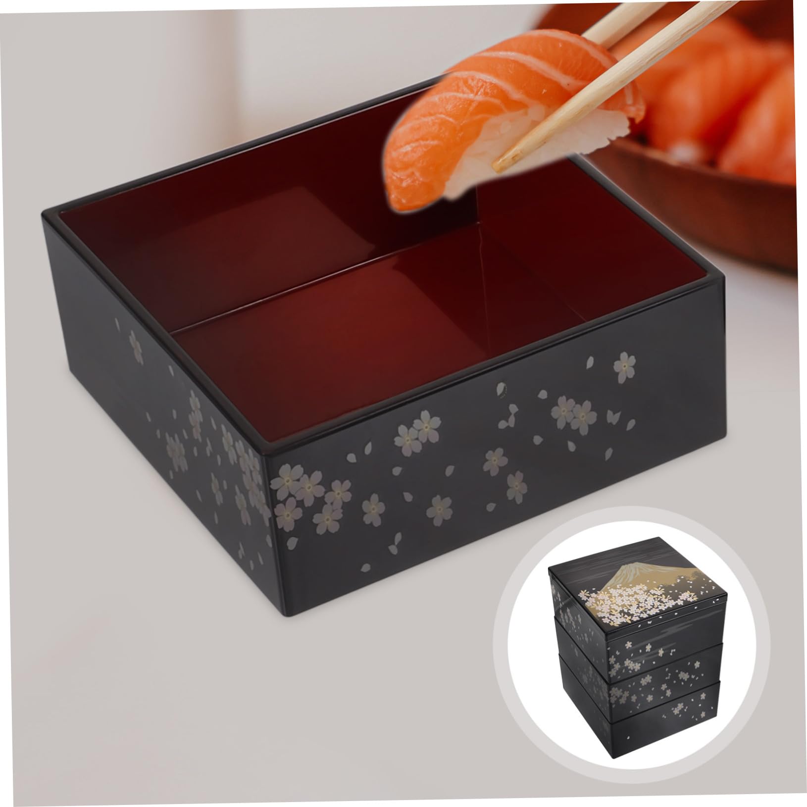 Boîte à Bento Japonaise à 3 Niveaux, Motif Mont Fuji, Plastique Noir, Réutilisable pour Snacks et Desserts, pour Diverses Occasions