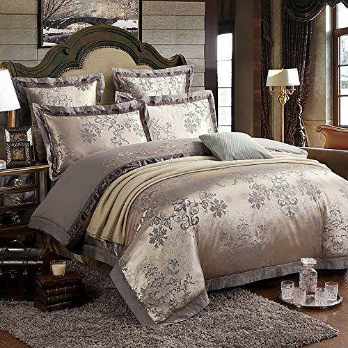 Parure de lit en soie TXQHD 6 pièces lit double King Size gris à fleurs - 5