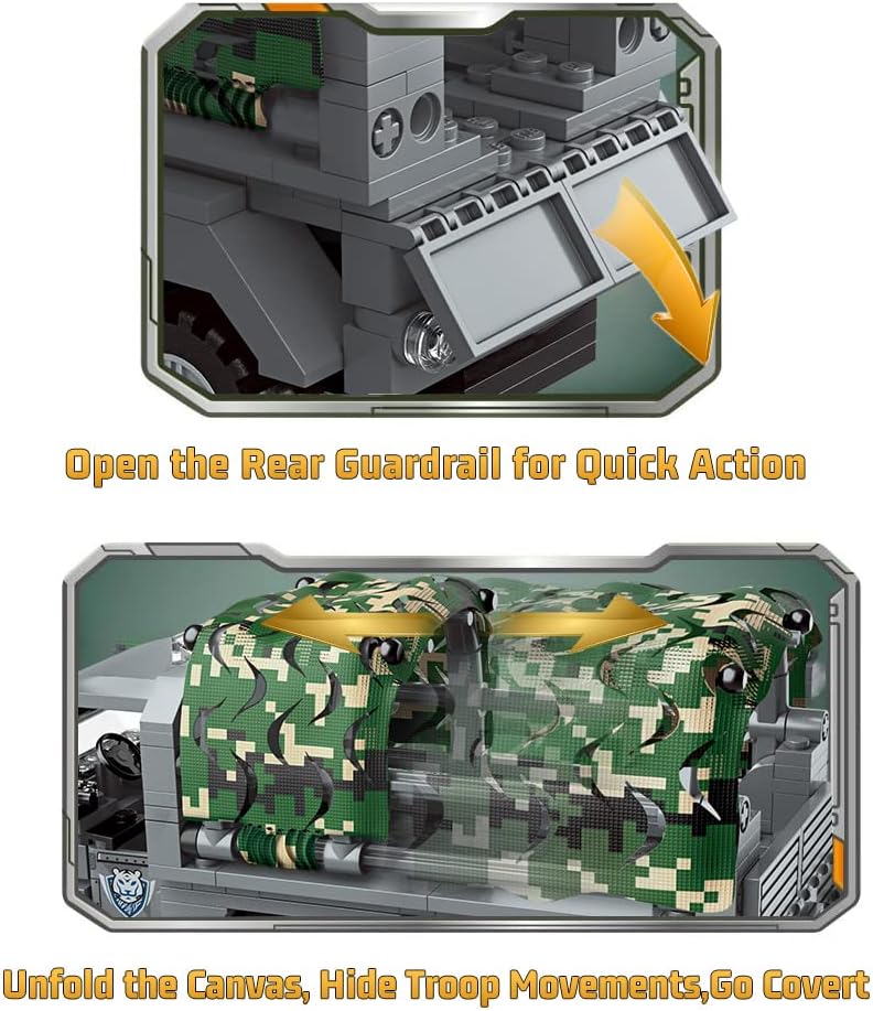 Detailed views of the QMAN Military Vehicle Building Blocks Set showing the opening rear guardrail and the unfolding camouflage canvas on the truck.