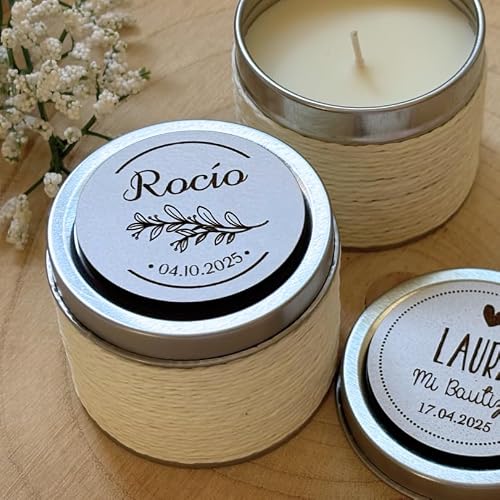 Pack de 10 velas aromáticas con imán de madera en la tapa, personalizadas con tu propio diseño o imagen para regalar en tu evento como boda, bautizo, comunión.
