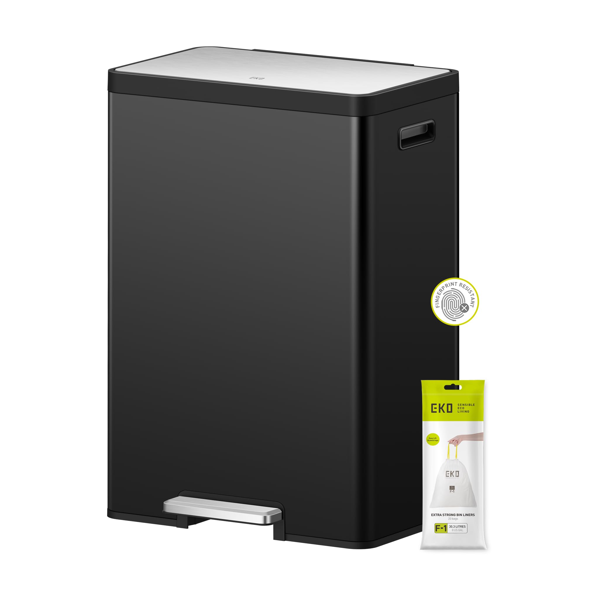 EKO Ecocasa II 40L Double Rubbish Bin, 2ร20L Kitchen Recycling Bin with Soft-Close Lid, Deodoriser Compartment and Fingerprint-Resistant Stainless Steel Trash Bin for Waste & Recycling, Matt Black