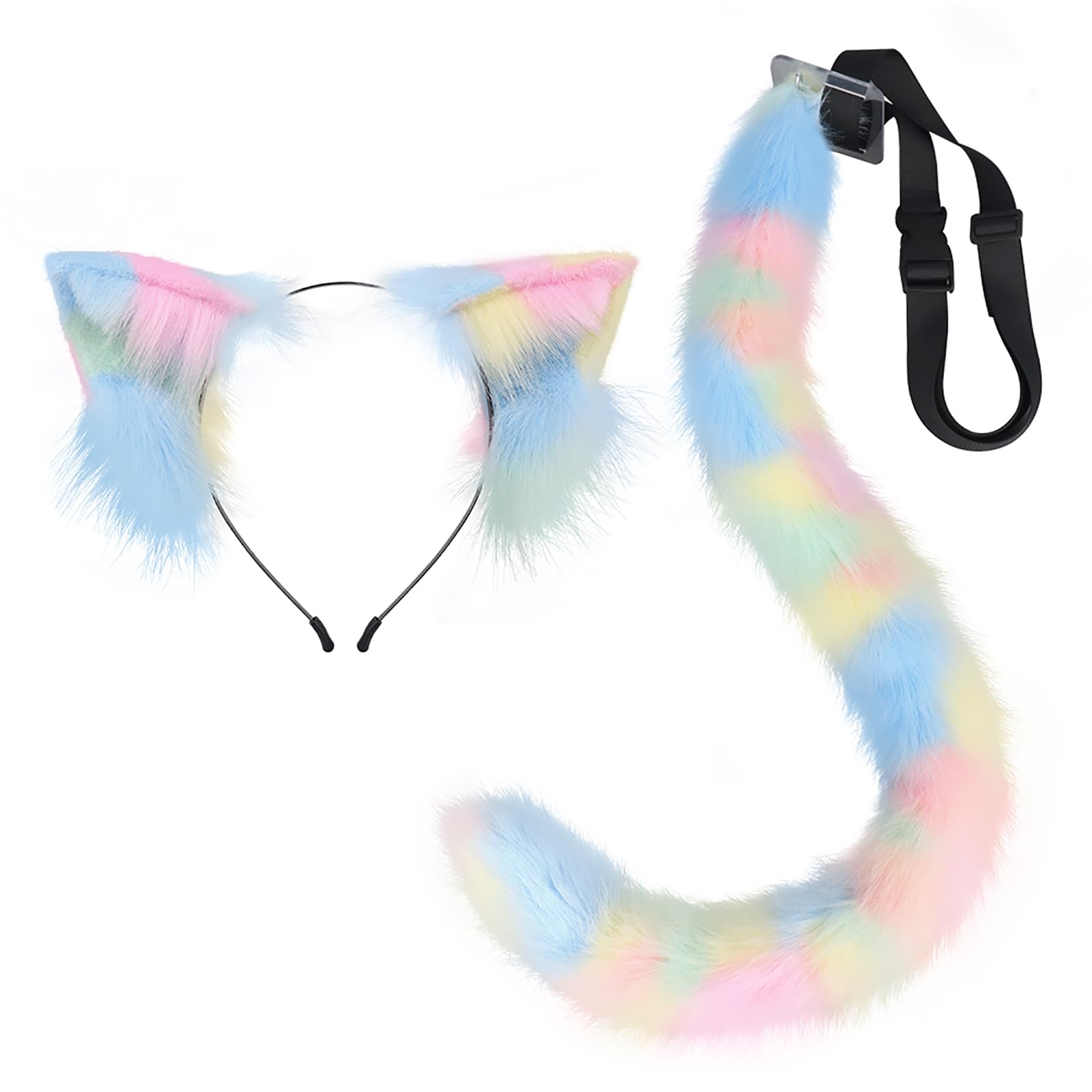 QinRuan Animal Cosplay Costume Accessories Furry Faux Fur Cat Ears Headband and Fox Tail Set Halloween Accessory: 2-rainbow