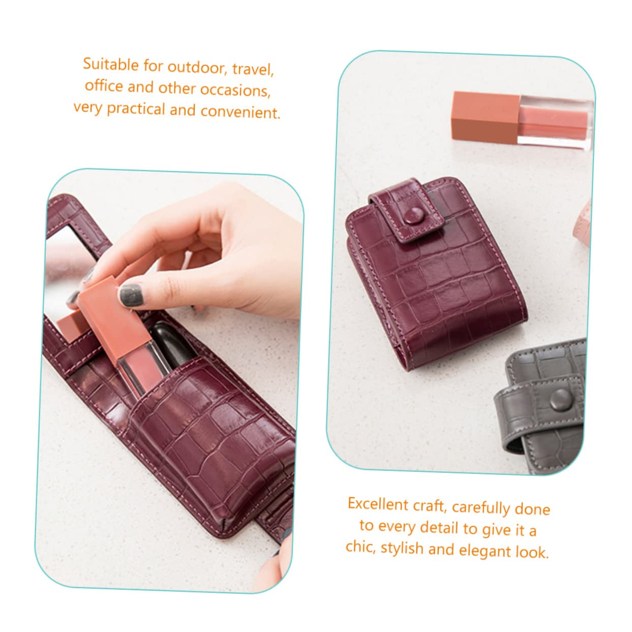 ifundom 3piezas Bolsa De Maquillaje Portátil con Espejo Estuche para Lápices Labiales Organizador De Cosméticos De Cuero para Viajes y Ocasiones Especiales