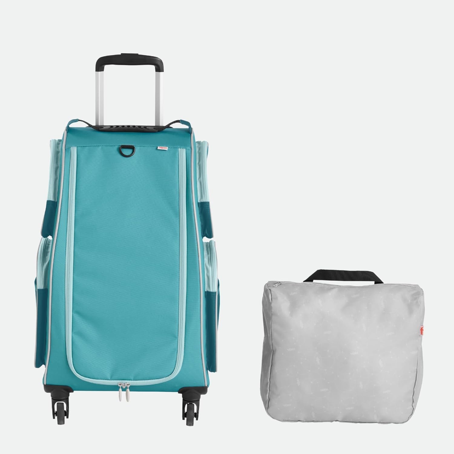 HABA Kinder-Schranktrolley Petrol mit 4 Rollen – Kinderkoffer aus recyceltem Polyester mit Schmutzwäschebeutel, 3 herausnehmbaren Böden und 4 Reißverschluss-Außentaschen – 2012724001