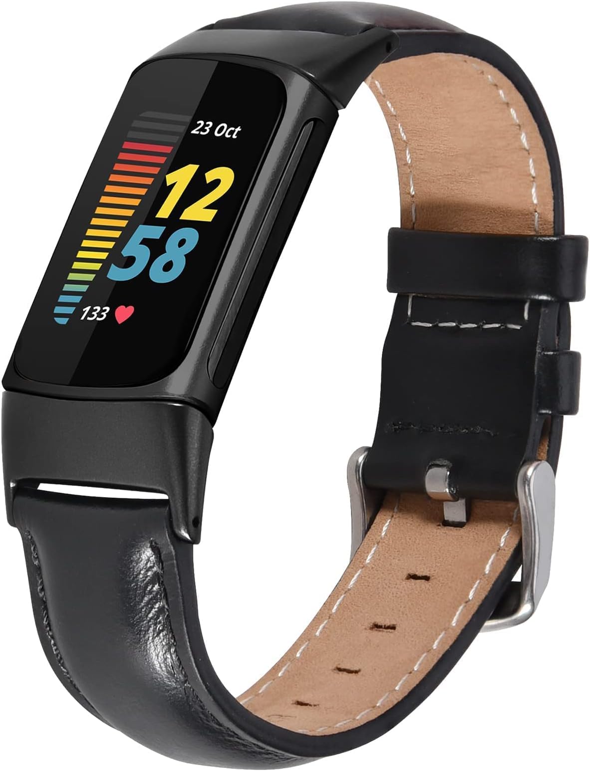 QINGQING Leather Charge 5 Band, Compatible with Fitbit charge 5 bands for Women,Genuine Leather Band Replacement Strap Wrist band for Fitbit Charge 5 Advanced Fitness & Health Tracker (Black)