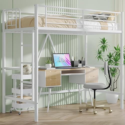 VECELO Loft Bed Twin Size, Metal Bedframe with Removable Ladder and Safety Guardrail, No Box Spring Needed, Space Saving, Noise Free, Pure White