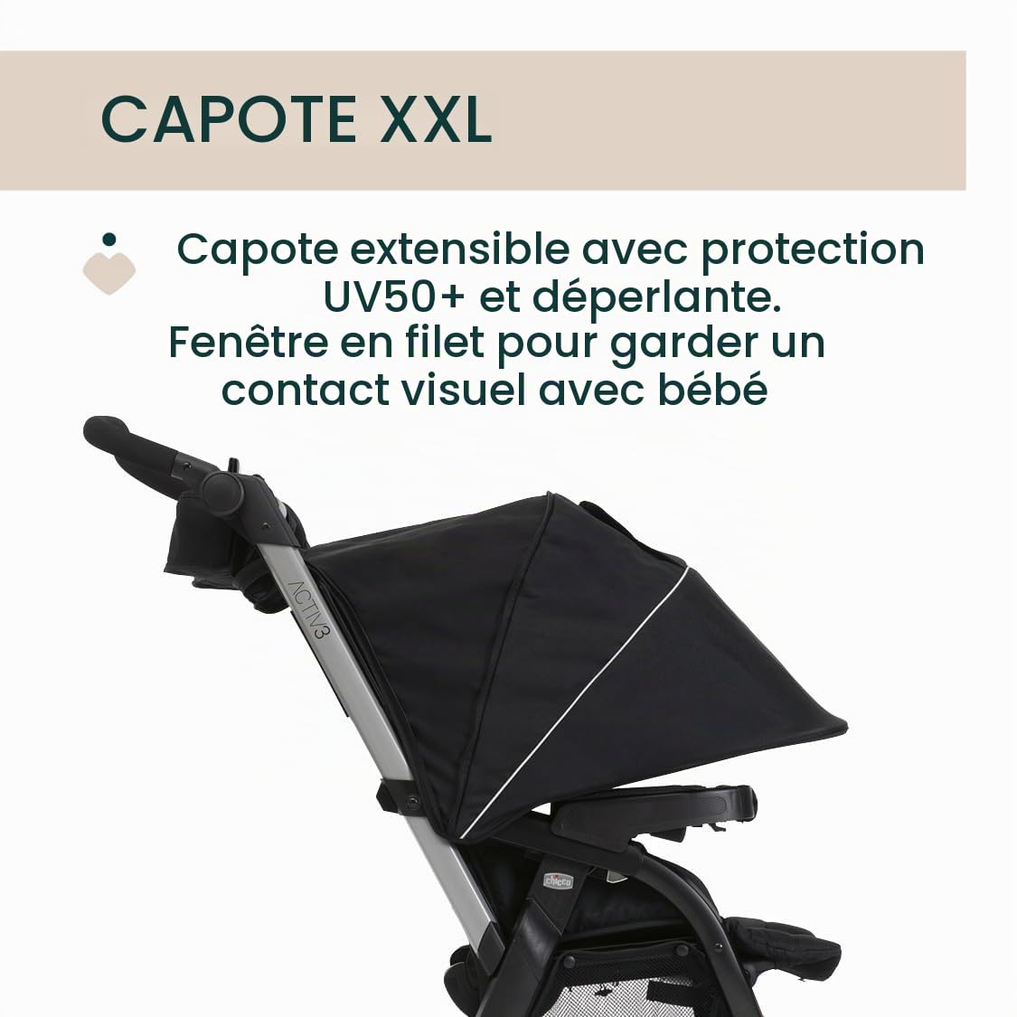 Chicco Poussette Activ3 à 3 roues, fonctionnelle et facile à manœuvrer sur tous les terrains, siège spacieux, dossier inclinable, fermeture pratique et rapide, amortisseurs réglables, 0 mois+, Ébène