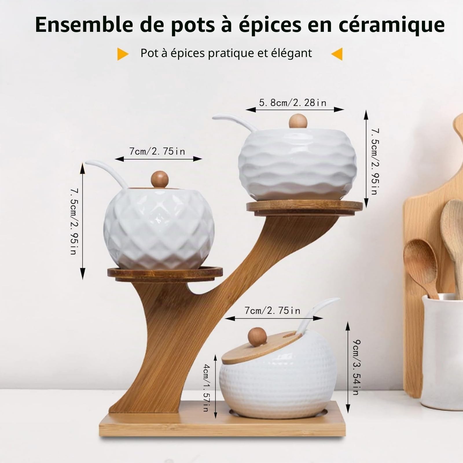 Lot de 3 bocaux à épices en céramique avec couvercle en bambou, cuillère et plateau, 170 ml/6,4 oZ, boîtes à épices pour conserver le sucre, le sel, les épices, le café
